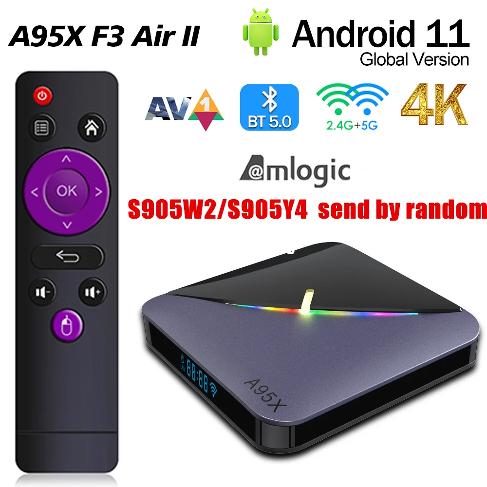 A95X F3 Air II TV ڽ  ڽ, ȵ̵ 11 Amlogic S905W2 Y4 RGB BT5.0 AV1 3D 2.4G  5G  4K HDR ̵ ÷̾, PK Tanix W2